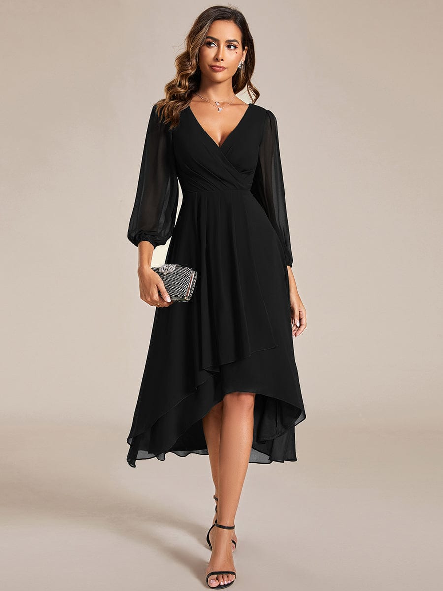 Long Sleeves Asymmetrical Hem A-Line Midi Wedding Guest Dress #color_Black Long Sleeves Asymmetrical Hem A-Line Midi Wedding Guest Dress #color_Black