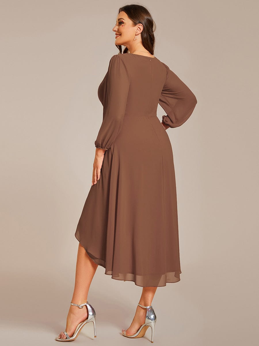 Long Sleeves Asymmetrical Hem A-Line Midi Wedding Guest Dress #color_Brown Long Sleeves Asymmetrical Hem A-Line Midi Wedding Guest Dress #color_Brown