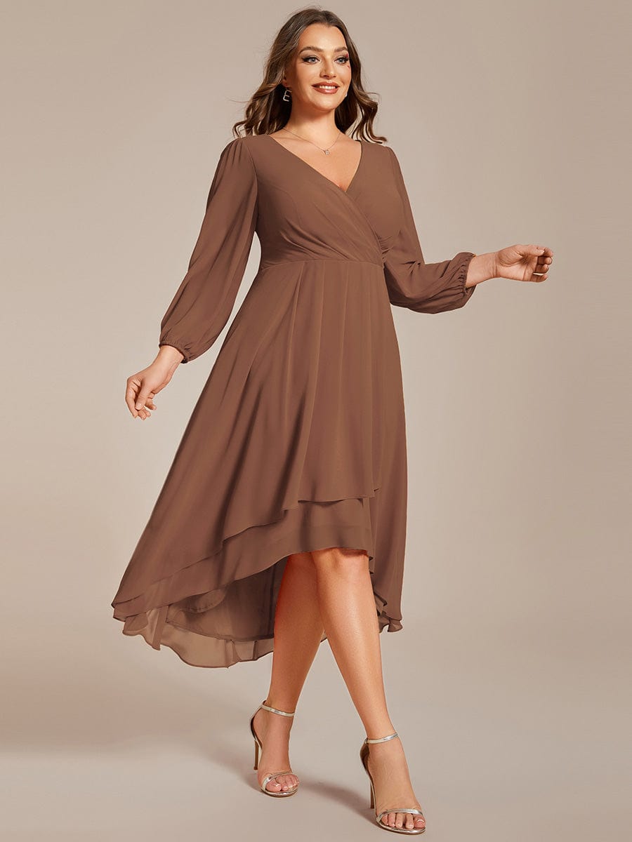 Long Sleeves Asymmetrical Hem A-Line Midi Wedding Guest Dress #color_Brown Long Sleeves Asymmetrical Hem A-Line Midi Wedding Guest Dress #color_Brown