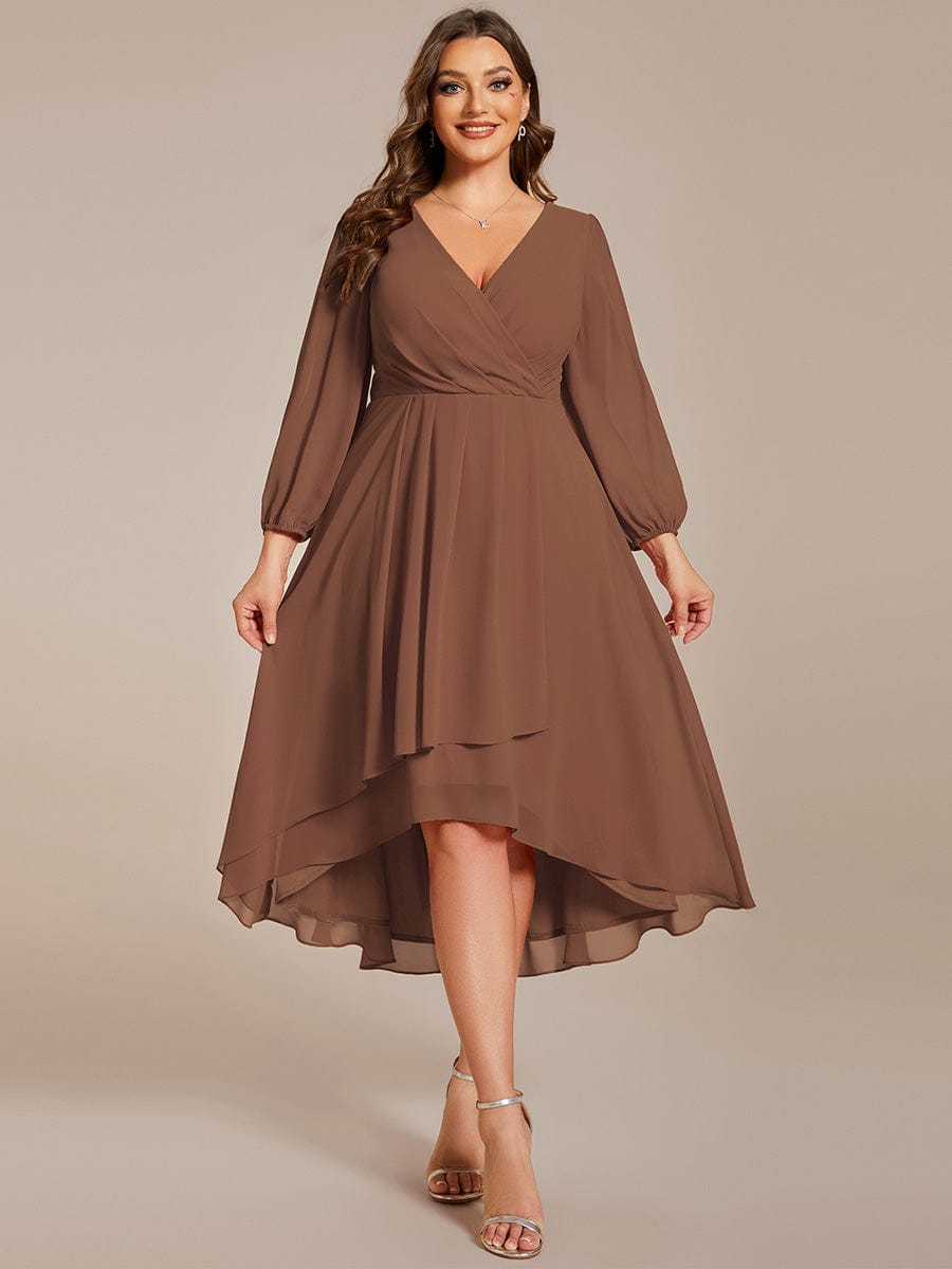 Long Sleeves Asymmetrical Hem A-Line Midi Wedding Guest Dress #color_Brown Long Sleeves Asymmetrical Hem A-Line Midi Wedding Guest Dress #color_Brown