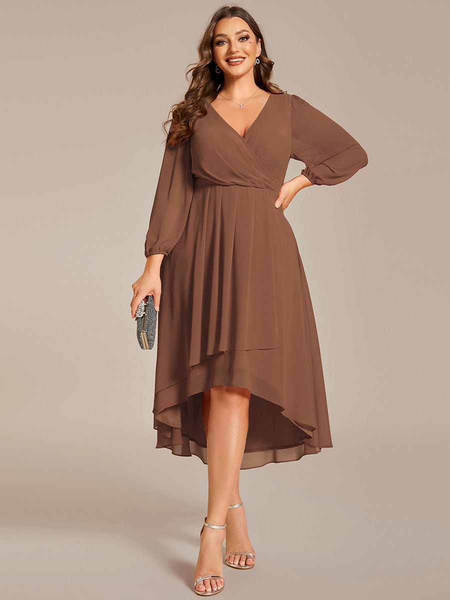 Long Sleeves Asymmetrical Hem A-Line Midi Wedding Guest Dress #color_Brown Long Sleeves Asymmetrical Hem A-Line Midi Wedding Guest Dress #color_Brown