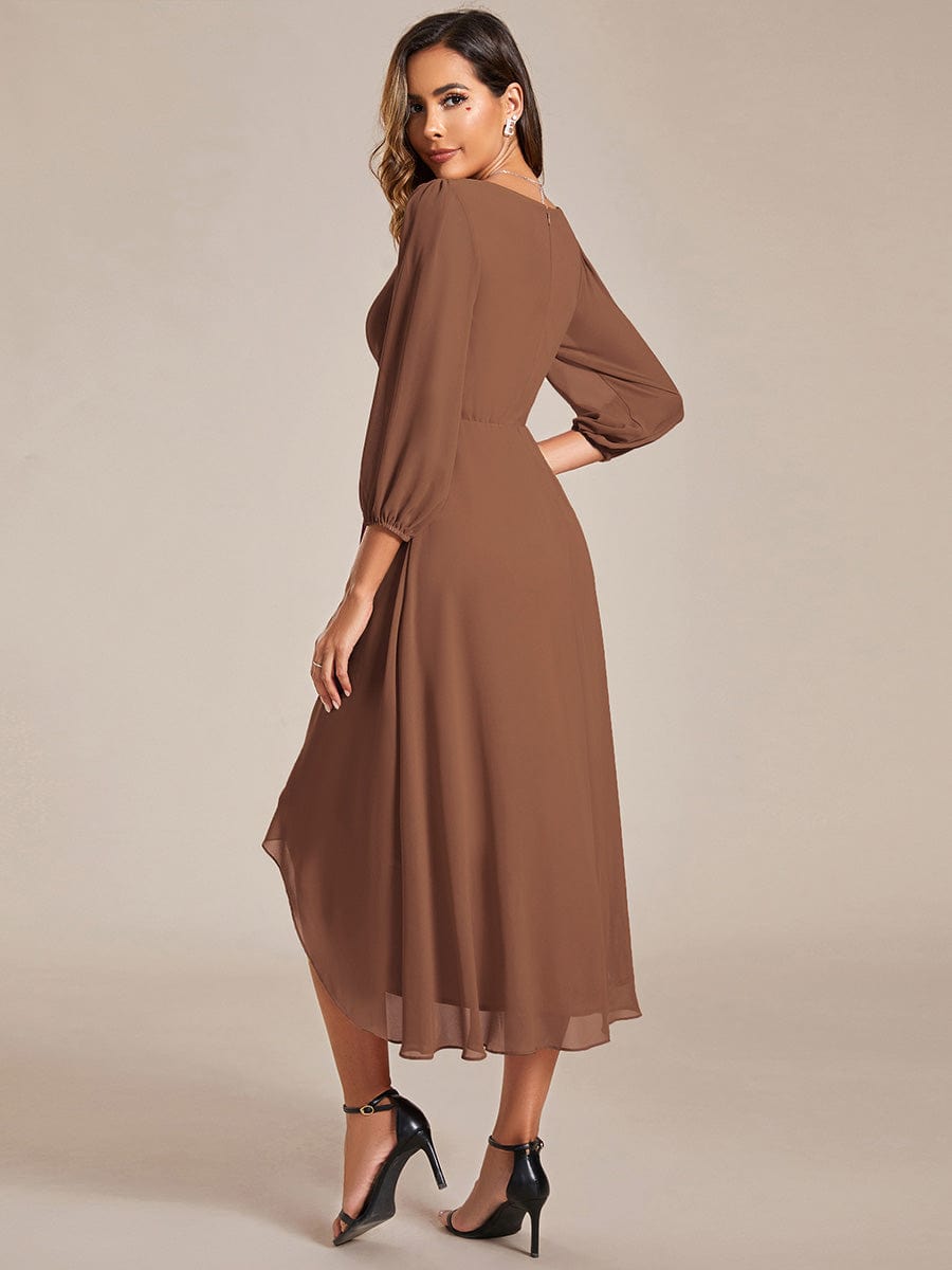 Long Sleeves Asymmetrical Hem A-Line Midi Wedding Guest Dress #color_Brown Long Sleeves Asymmetrical Hem A-Line Midi Wedding Guest Dress #color_Brown