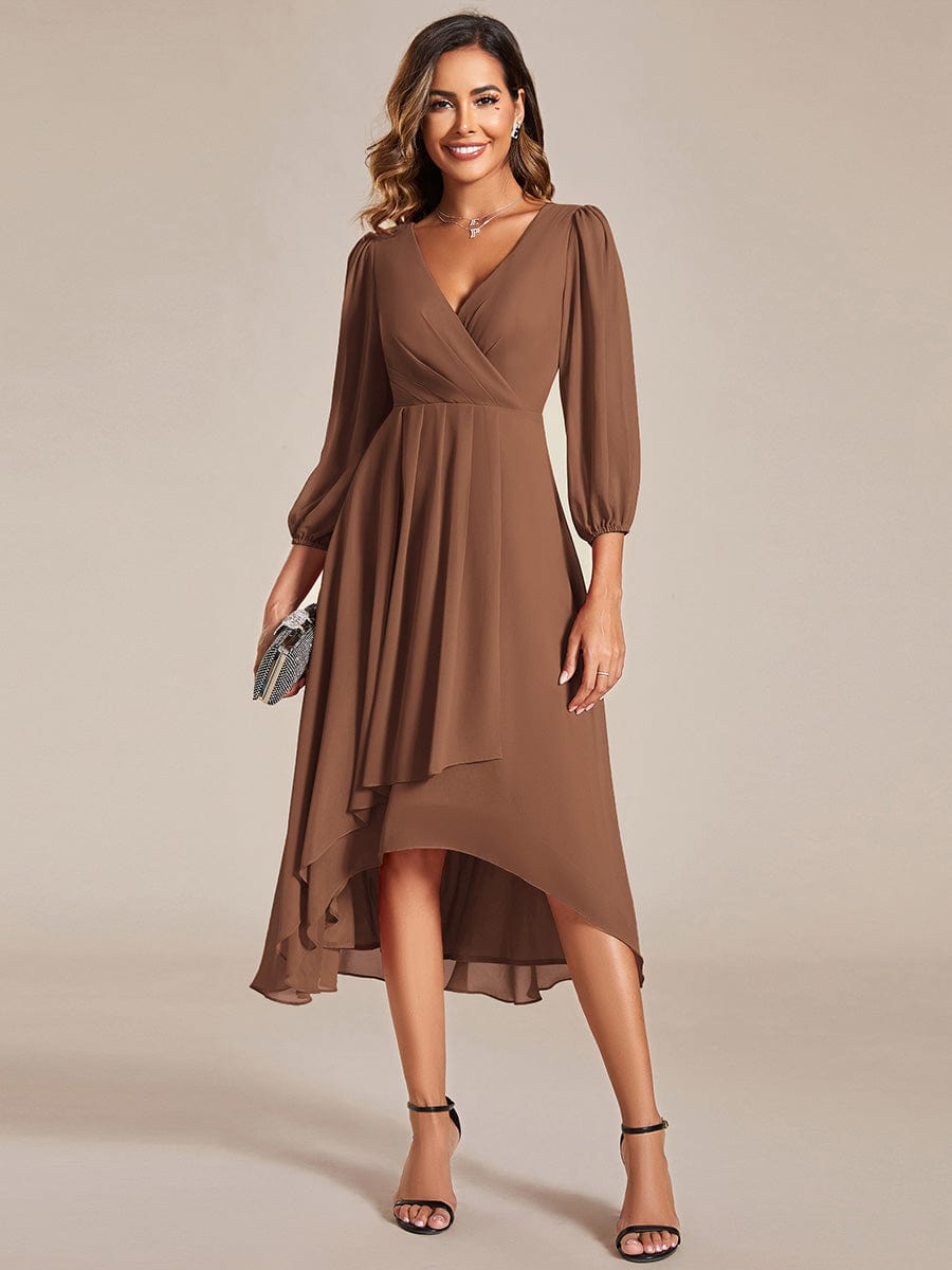 Long Sleeves Asymmetrical Hem A-Line Midi Wedding Guest Dress #color_Brown Long Sleeves Asymmetrical Hem A-Line Midi Wedding Guest Dress #color_Brown