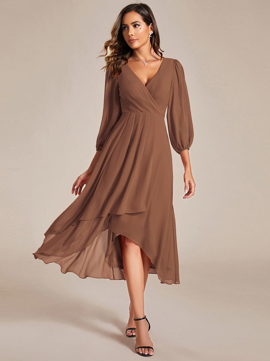 Long Sleeves Asymmetrical Hem A-Line Midi Wedding Guest Dress #color_Brown Long Sleeves Asymmetrical Hem A-Line Midi Wedding Guest Dress #color_Brown