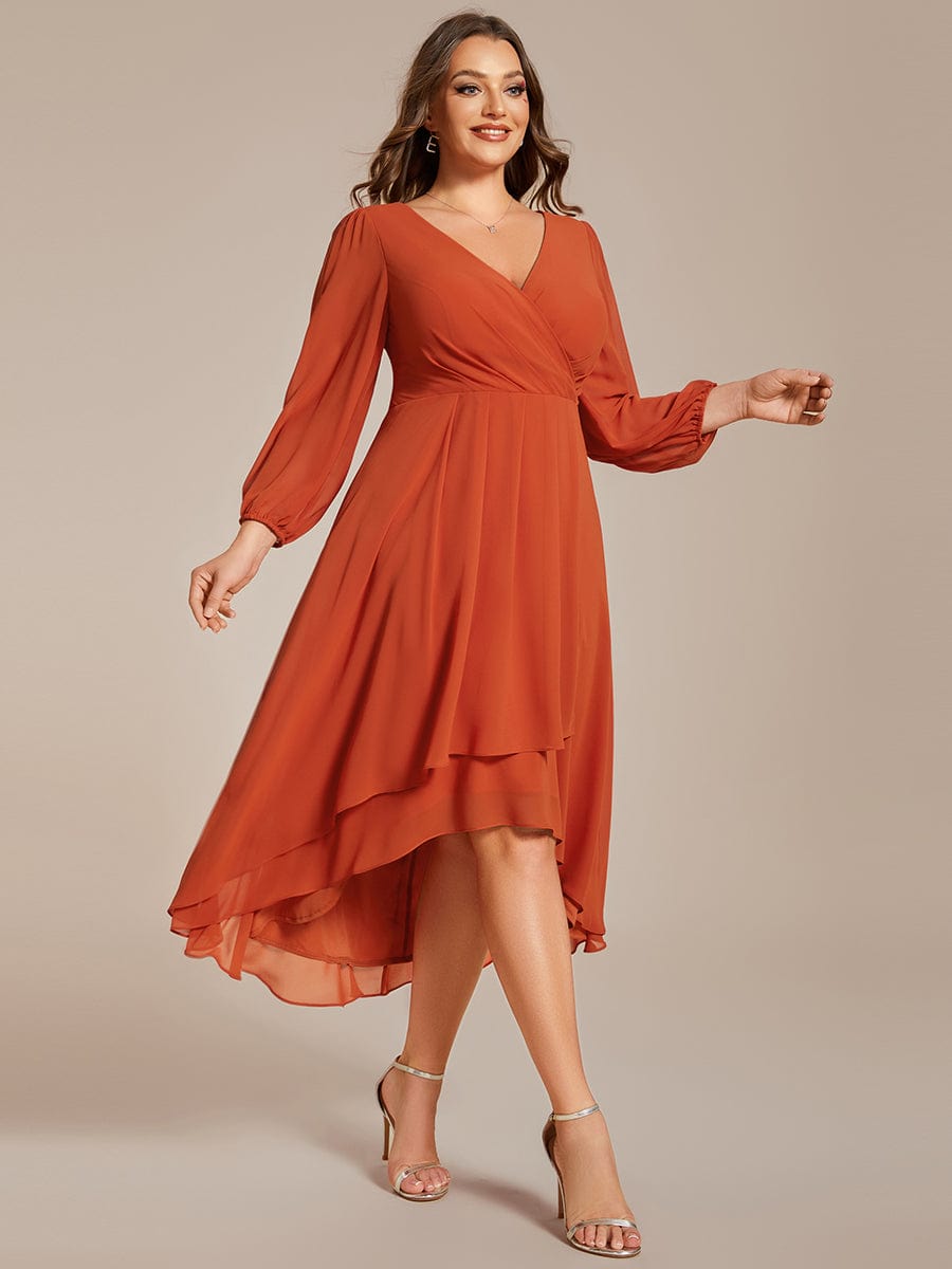 Plus Size Chiffon A-Line Long Sleeves Asymmetrical Hem Wedding Guest Dress #color_Burnt Orange Plus Size Chiffon A-Line Long Sleeves Asymmetrical Hem Wedding Guest Dress #color_Burnt Orange