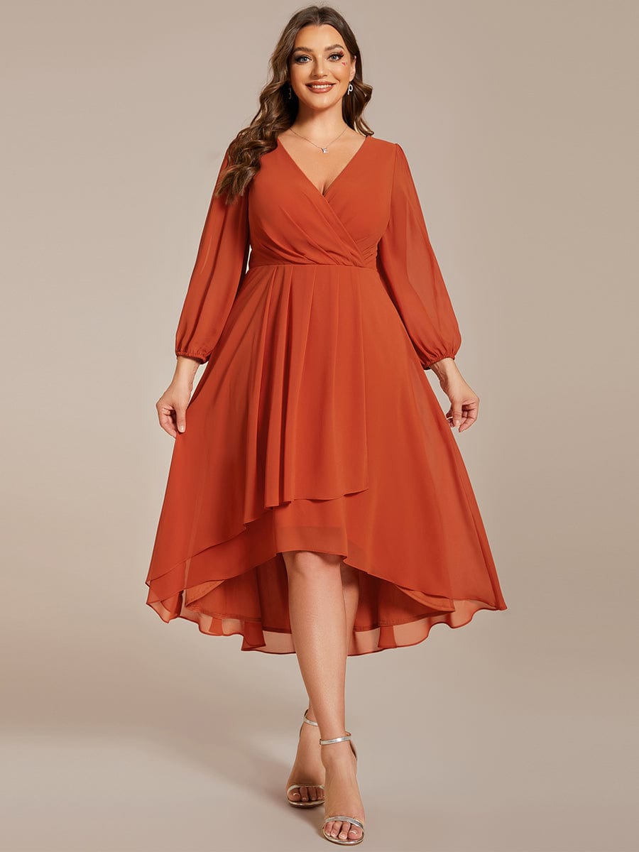 Long Sleeves Asymmetrical Hem A-Line Midi Wedding Guest Dress #color_Burnt Orange Long Sleeves Asymmetrical Hem A-Line Midi Wedding Guest Dress #color_Burnt Orange