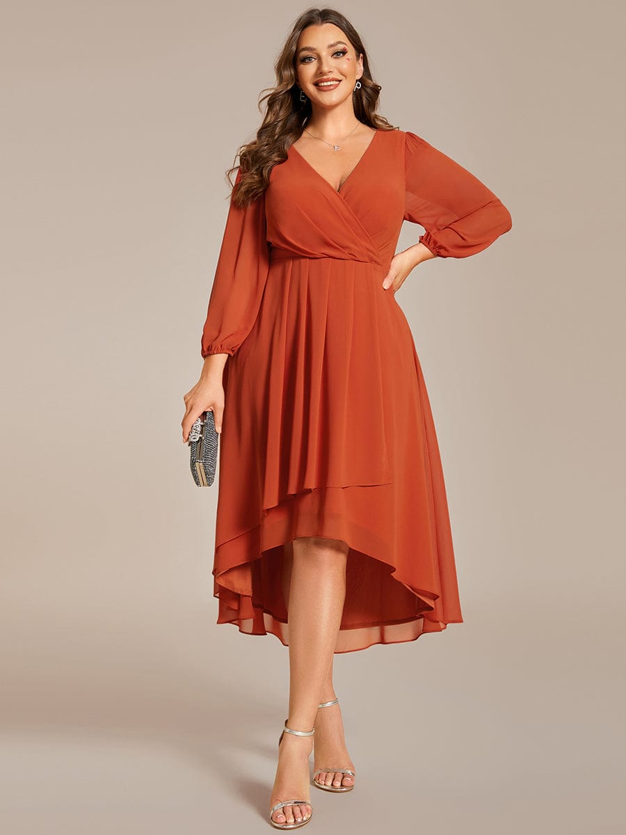 Plus Size Chiffon A-Line Long Sleeves Asymmetrical Hem Wedding Guest Dress #color_Burnt Orange Plus Size Chiffon A-Line Long Sleeves Asymmetrical Hem Wedding Guest Dress #color_Burnt Orange