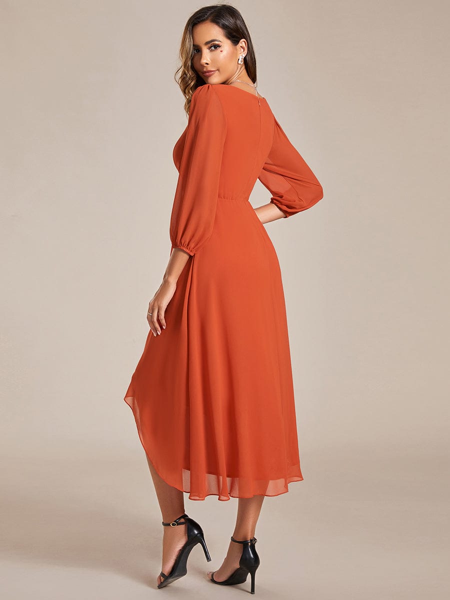Long Sleeves Asymmetrical Hem A-Line Midi Wedding Guest Dress #color_Burnt Orange Long Sleeves Asymmetrical Hem A-Line Midi Wedding Guest Dress #color_Burnt Orange