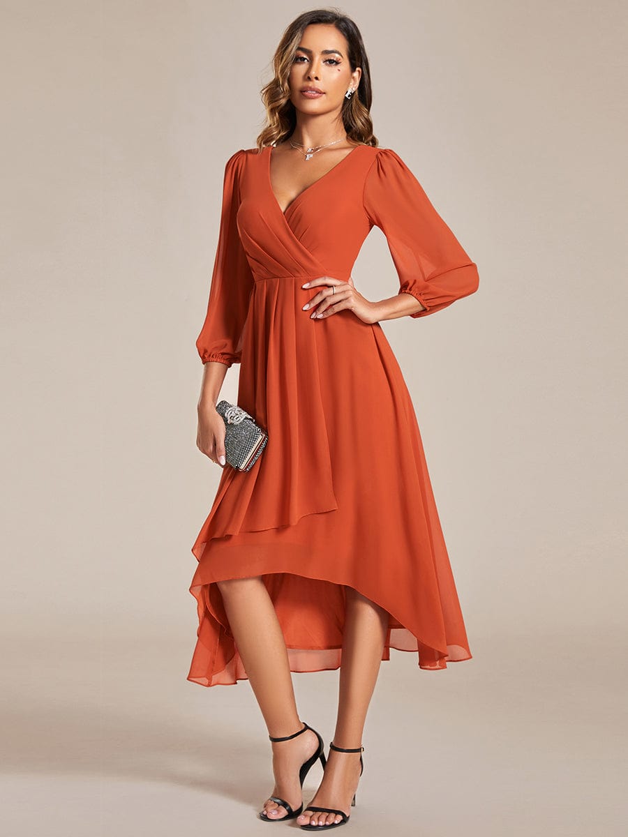 Long Sleeves Asymmetrical Hem A-Line Midi Wedding Guest Dress #color_Burnt Orange Long Sleeves Asymmetrical Hem A-Line Midi Wedding Guest Dress #color_Burnt Orange