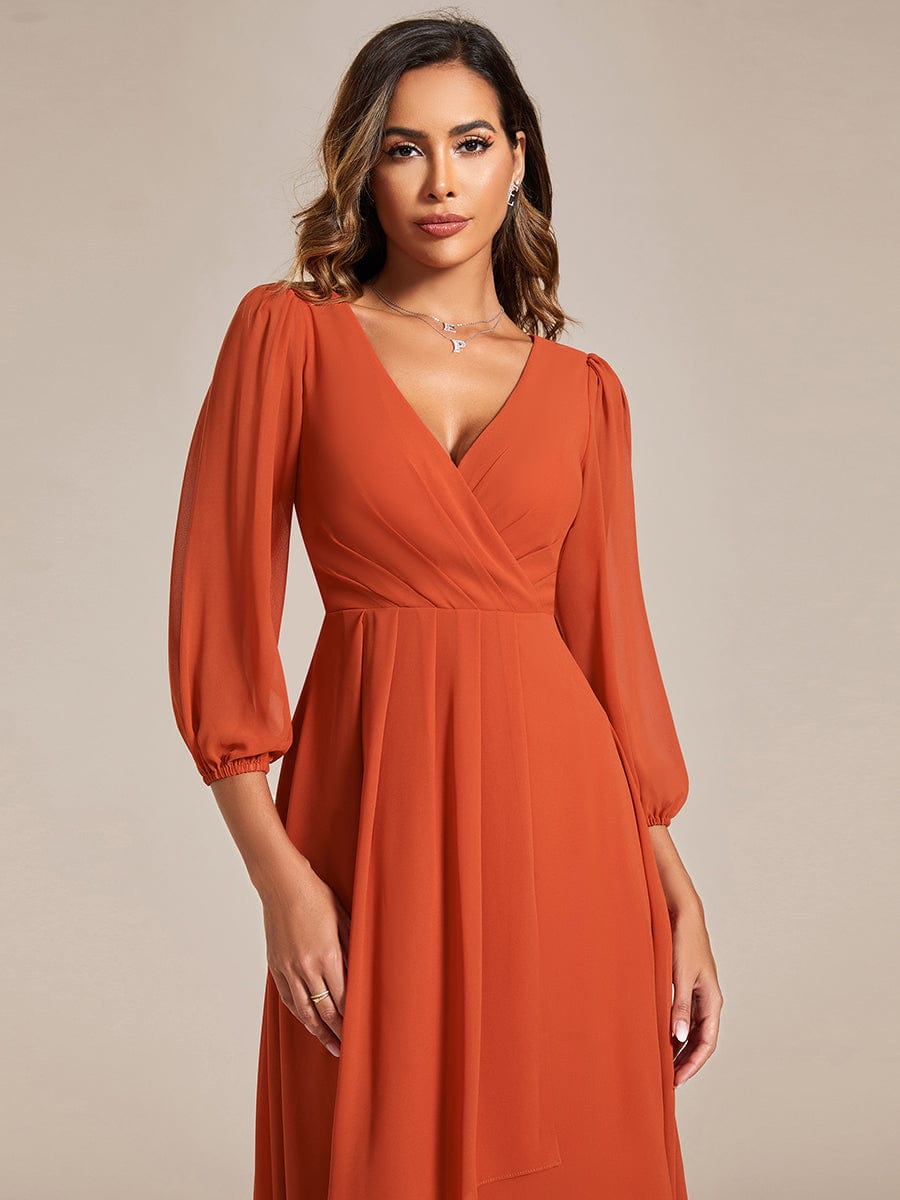 Long Sleeves Asymmetrical Hem A-Line Midi Wedding Guest Dress #color_Burnt Orange Long Sleeves Asymmetrical Hem A-Line Midi Wedding Guest Dress #color_Burnt Orange