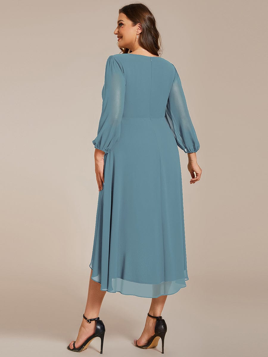 Plus Size Chiffon A-Line Long Sleeves Asymmetrical Hem Wedding Guest Dress #color_Dusty Blue Plus Size Chiffon A-Line Long Sleeves Asymmetrical Hem Wedding Guest Dress #color_Dusty Blue