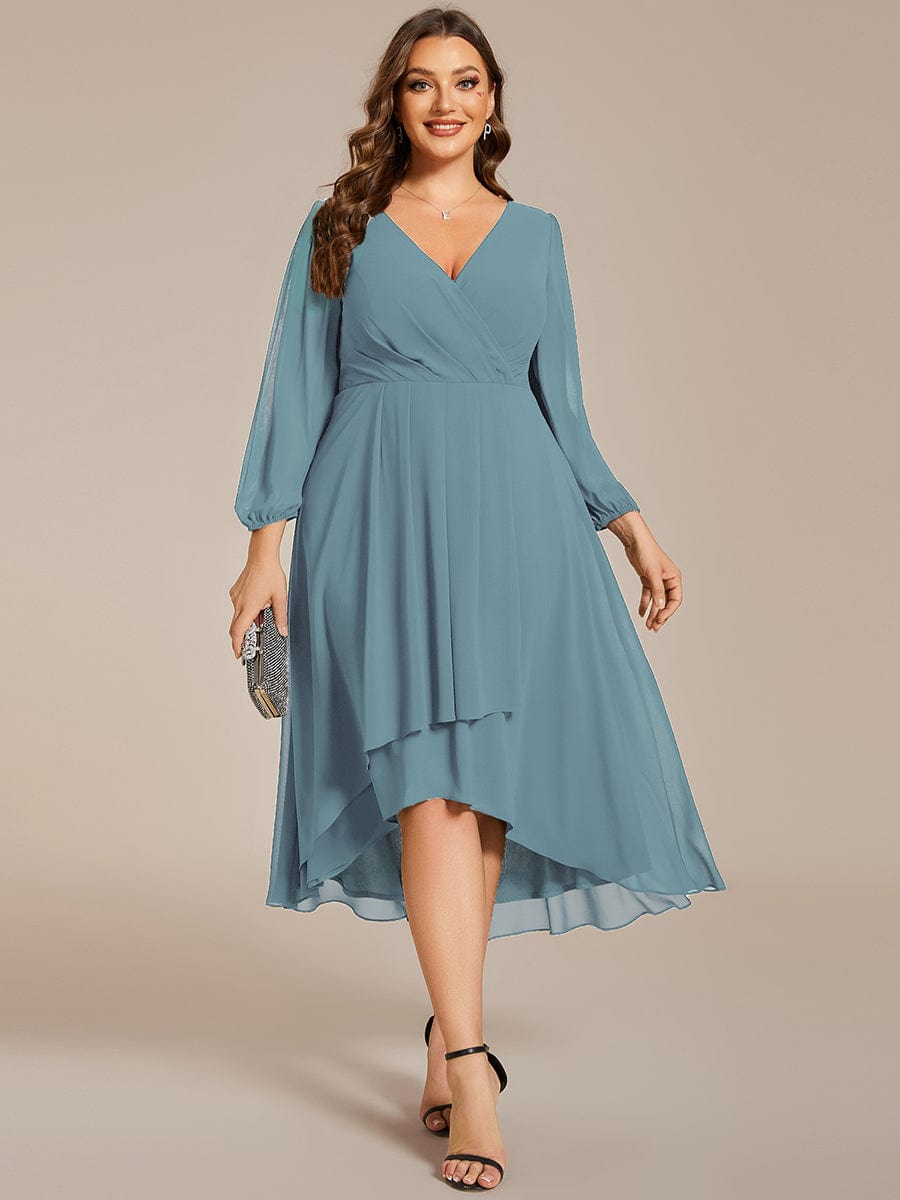 Plus Size Chiffon A-Line Long Sleeves Asymmetrical Hem Wedding Guest Dress #color_Dusty Blue Plus Size Chiffon A-Line Long Sleeves Asymmetrical Hem Wedding Guest Dress #color_Dusty Blue