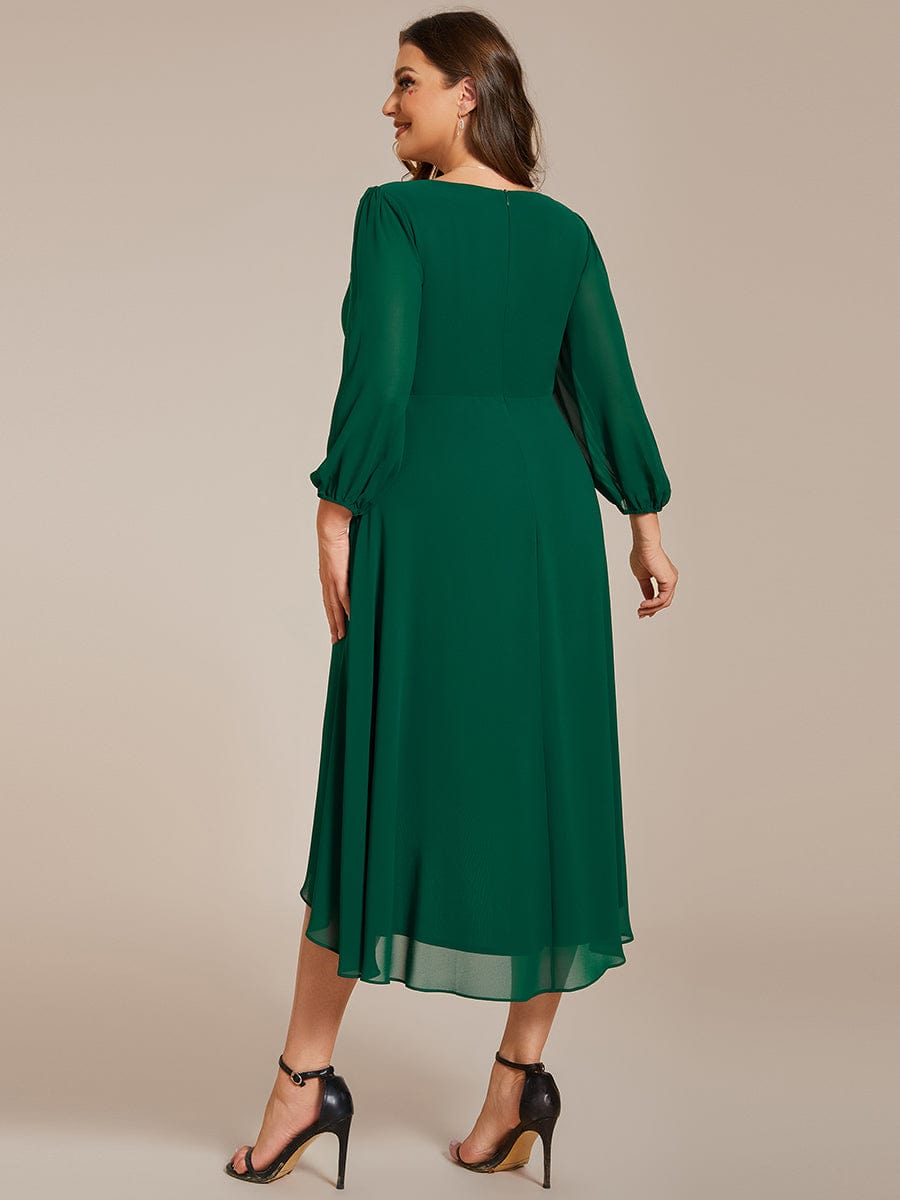 Long Sleeves Asymmetrical Hem A-Line Midi Wedding Guest Dress #color_Dark Green Long Sleeves Asymmetrical Hem A-Line Midi Wedding Guest Dress #color_Dark Green