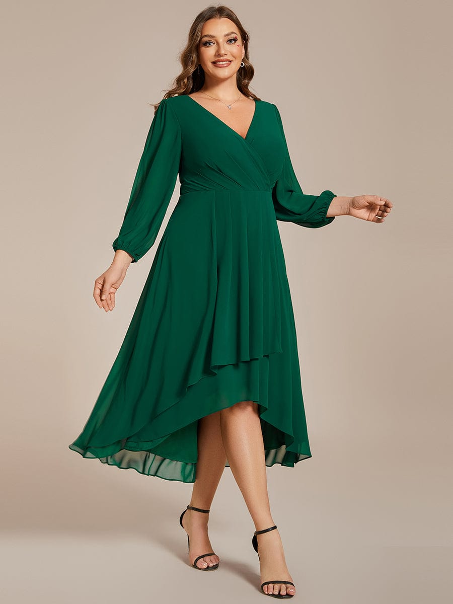 Plus Size Chiffon A-Line Long Sleeves Asymmetrical Hem Wedding Guest Dress #color_Dark Green Plus Size Chiffon A-Line Long Sleeves Asymmetrical Hem Wedding Guest Dress #color_Dark Green