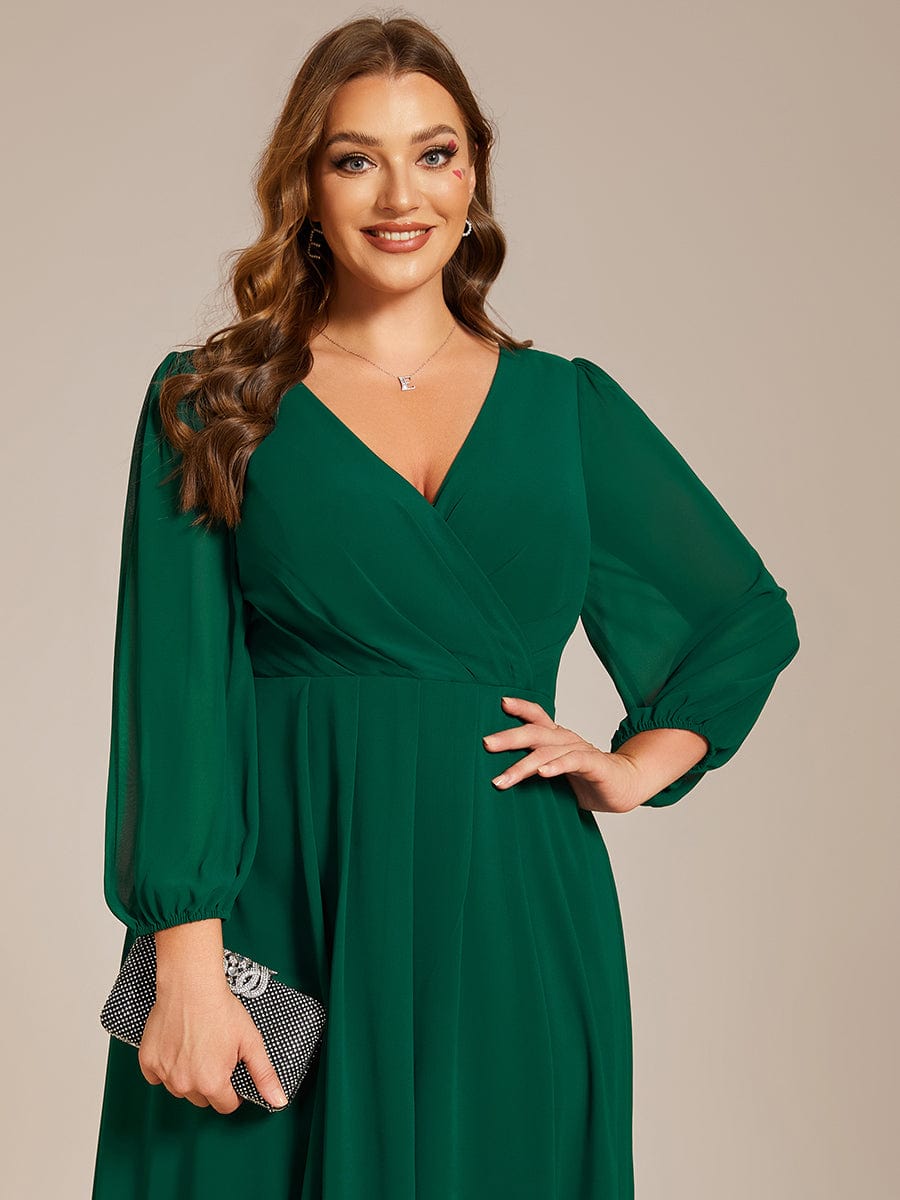 Plus Size Chiffon A-Line Long Sleeves Asymmetrical Hem Wedding Guest Dress #color_Dark Green Plus Size Chiffon A-Line Long Sleeves Asymmetrical Hem Wedding Guest Dress #color_Dark Green