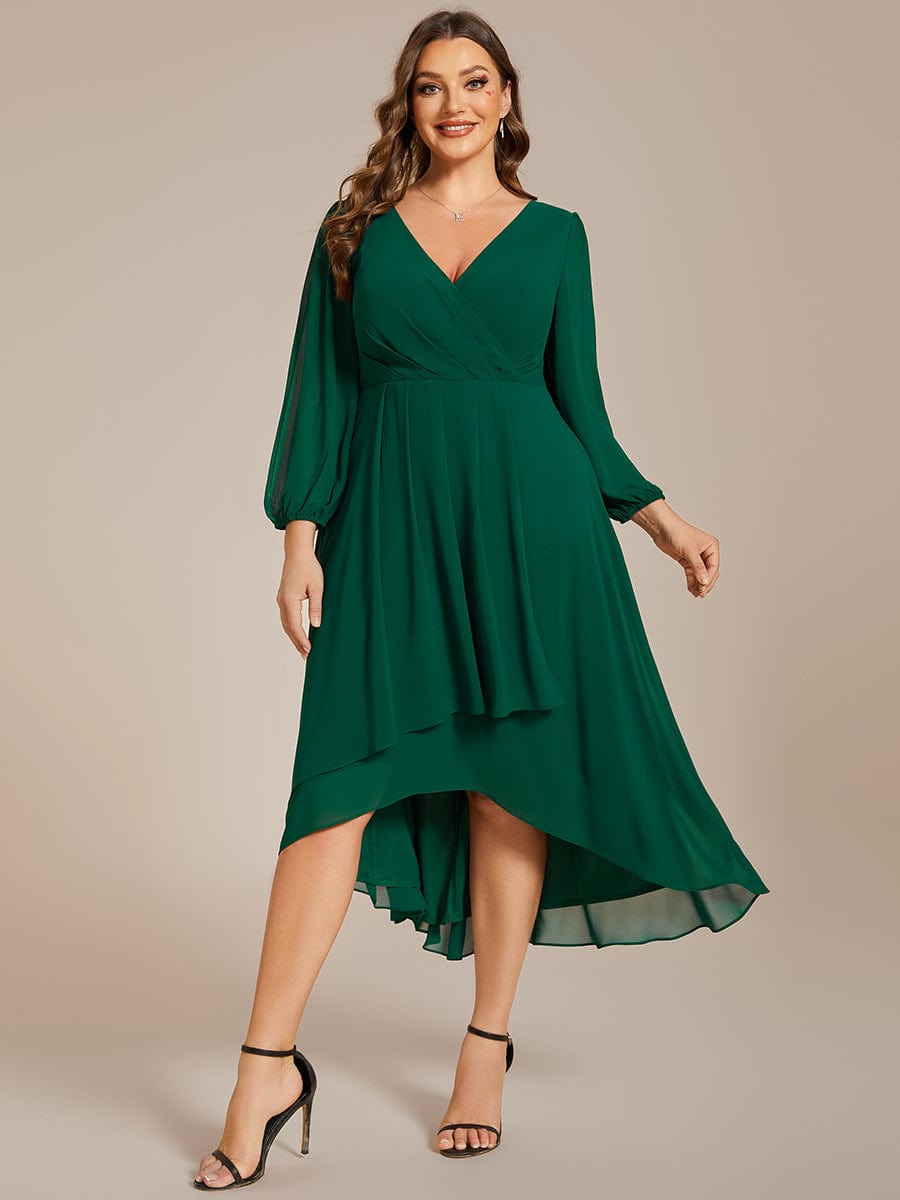 Plus Size Chiffon A-Line Long Sleeves Asymmetrical Hem Wedding Guest Dress #color_Dark Green Plus Size Chiffon A-Line Long Sleeves Asymmetrical Hem Wedding Guest Dress #color_Dark Green