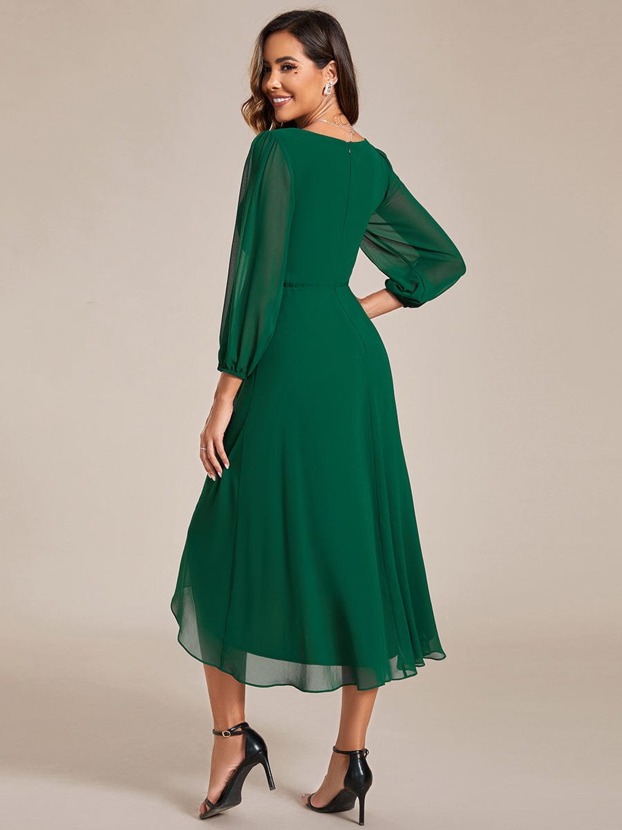 Long Sleeves Asymmetrical Hem A-Line Midi Wedding Guest Dress #color_Dark Green Long Sleeves Asymmetrical Hem A-Line Midi Wedding Guest Dress #color_Dark Green