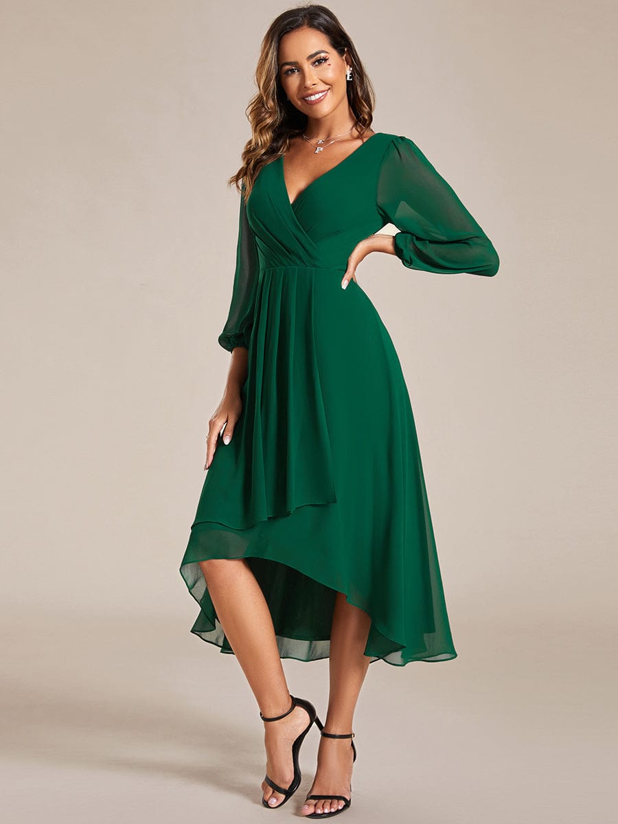 Long Sleeves Asymmetrical Hem A-Line Midi Wedding Guest Dress #color_Dark Green Long Sleeves Asymmetrical Hem A-Line Midi Wedding Guest Dress #color_Dark Green