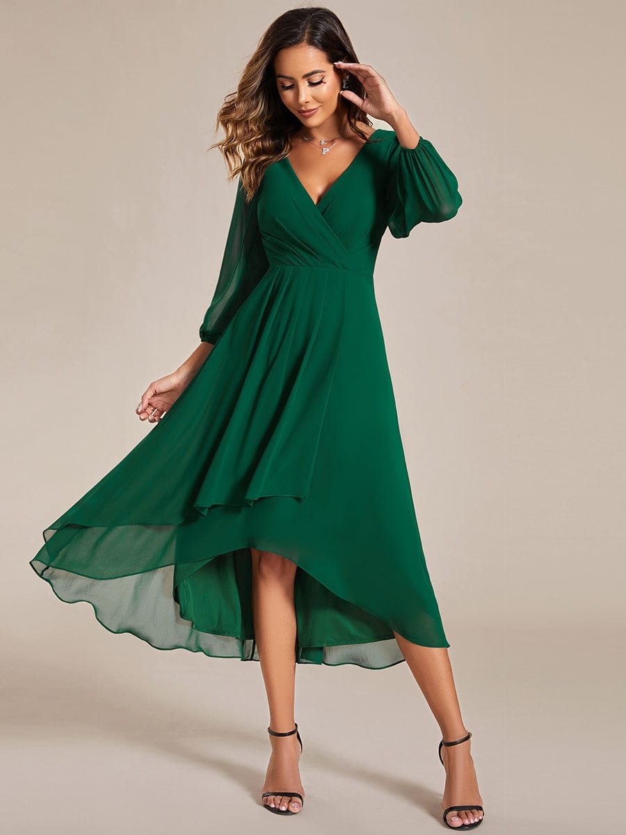 Long Sleeves Asymmetrical Hem A-Line Midi Wedding Guest Dress #color_Dark Green Long Sleeves Asymmetrical Hem A-Line Midi Wedding Guest Dress #color_Dark Green