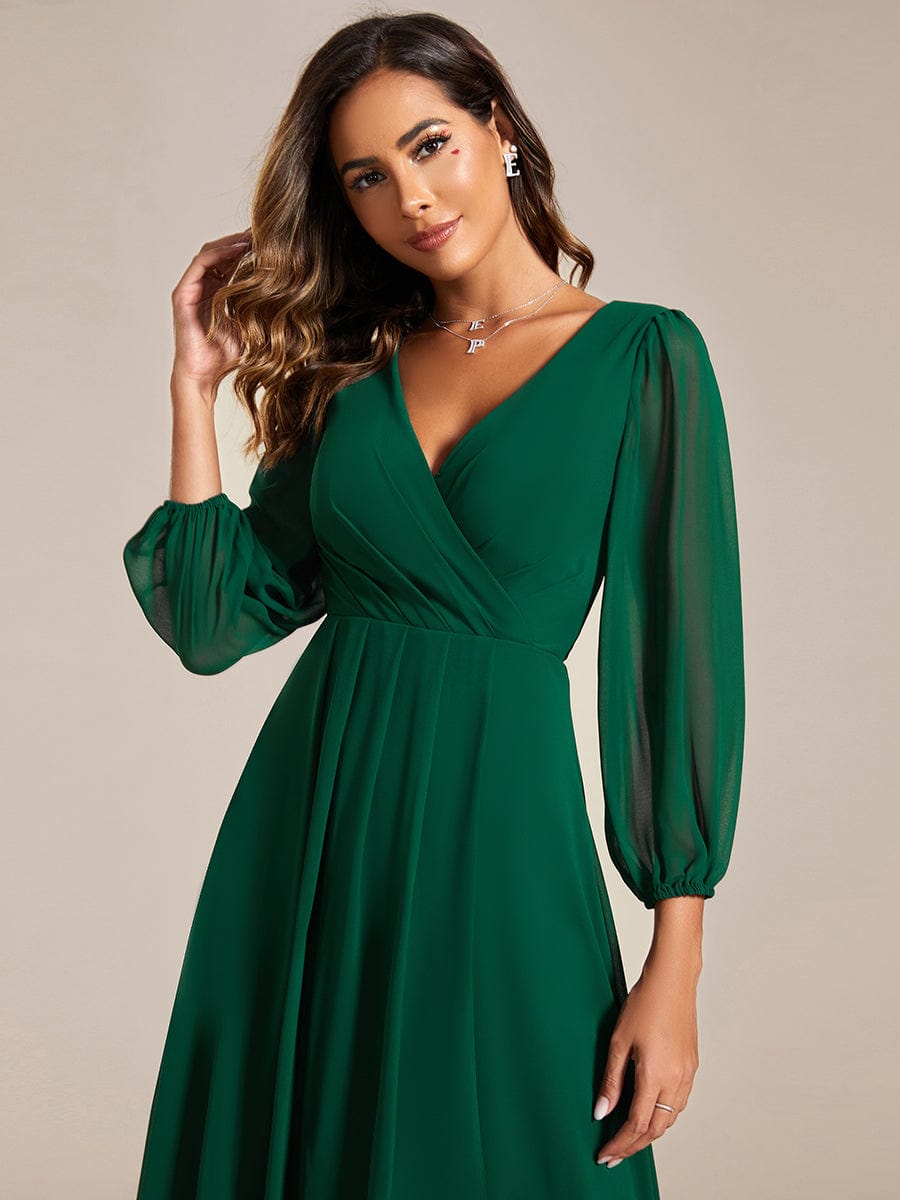 Long Sleeves Asymmetrical Hem A-Line Midi Wedding Guest Dress #color_Dark Green Long Sleeves Asymmetrical Hem A-Line Midi Wedding Guest Dress #color_Dark Green