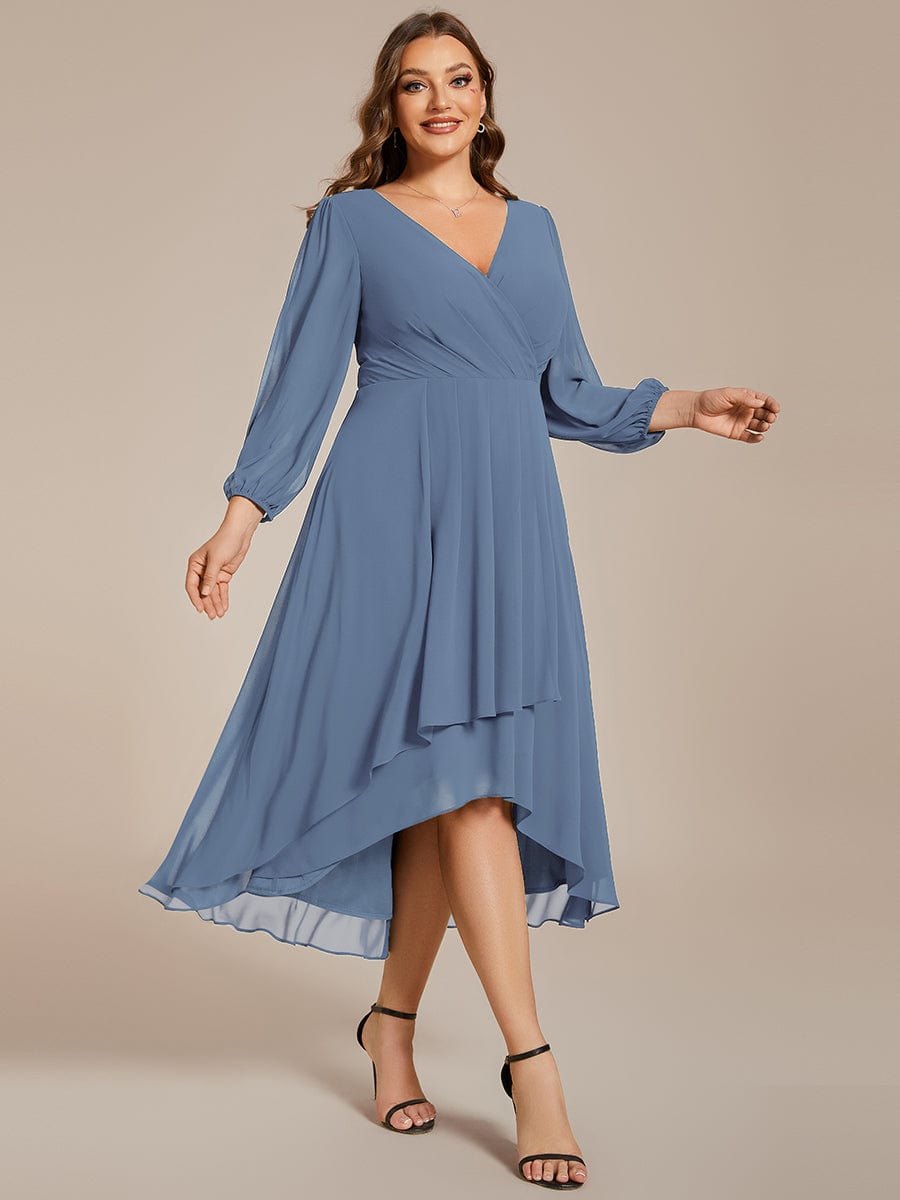 Plus Size Chiffon A-Line Long Sleeves Asymmetrical Hem Wedding Guest Dress #color_Dusty Navy Plus Size Chiffon A-Line Long Sleeves Asymmetrical Hem Wedding Guest Dress #color_Dusty Navy