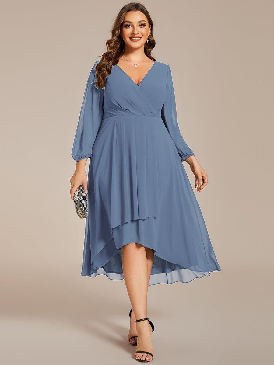 Long Sleeves Asymmetrical Hem A-Line Midi Wedding Guest Dress #color_Dusty Navy Long Sleeves Asymmetrical Hem A-Line Midi Wedding Guest Dress #color_Dusty Navy