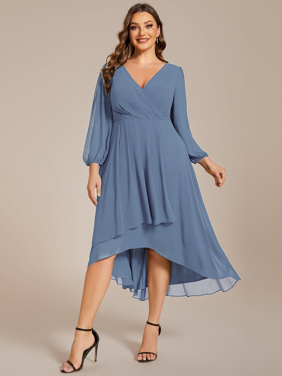 Plus Size Chiffon A-Line Long Sleeves Asymmetrical Hem Wedding Guest Dress #color_Dusty Navy Plus Size Chiffon A-Line Long Sleeves Asymmetrical Hem Wedding Guest Dress #color_Dusty Navy