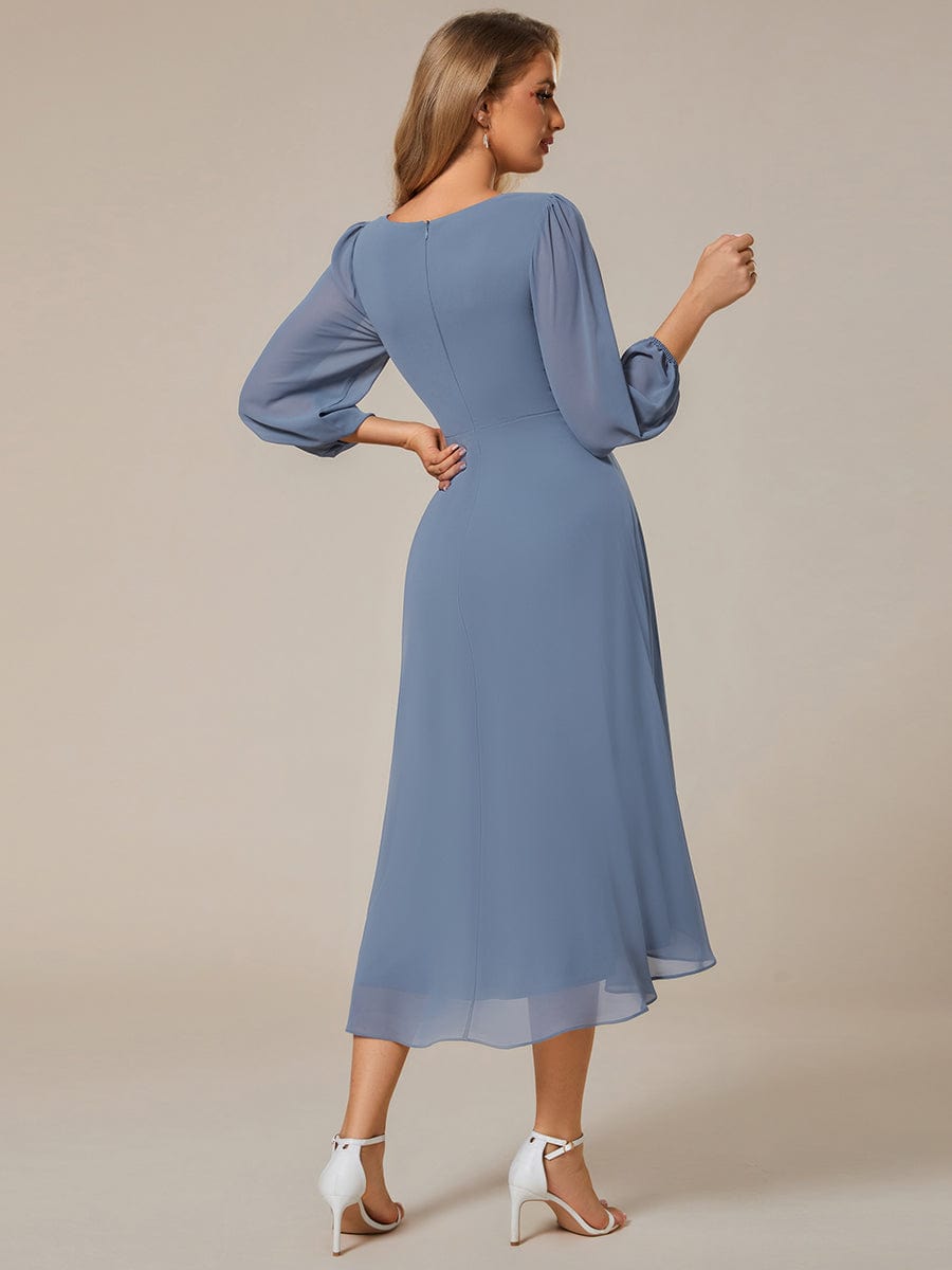 Long Sleeves Asymmetrical Hem A-Line Midi Wedding Guest Dress #color_Dusty Navy Long Sleeves Asymmetrical Hem A-Line Midi Wedding Guest Dress #color_Dusty Navy