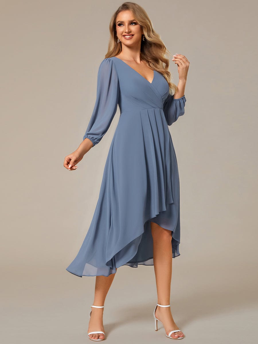 Long Sleeves Asymmetrical Hem A-Line Midi Wedding Guest Dress #color_Dusty Navy Long Sleeves Asymmetrical Hem A-Line Midi Wedding Guest Dress #color_Dusty Navy