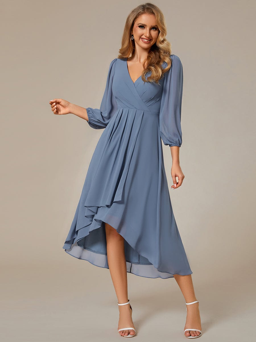 Long Sleeves Asymmetrical Hem A-Line Midi Wedding Guest Dress #color_Dusty Navy Long Sleeves Asymmetrical Hem A-Line Midi Wedding Guest Dress #color_Dusty Navy