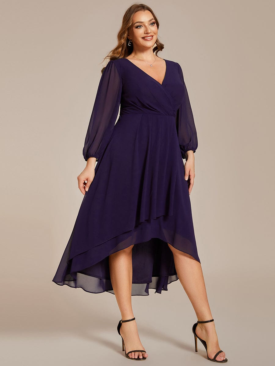 Long Sleeves Asymmetrical Hem A-Line Midi Wedding Guest Dress #color_Dark Purple Long Sleeves Asymmetrical Hem A-Line Midi Wedding Guest Dress #color_Dark Purple