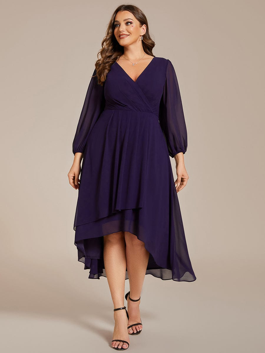 Plus Size Chiffon A-Line Long Sleeves Asymmetrical Hem Wedding Guest Dress #color_Dark Purple Plus Size Chiffon A-Line Long Sleeves Asymmetrical Hem Wedding Guest Dress #color_Dark Purple