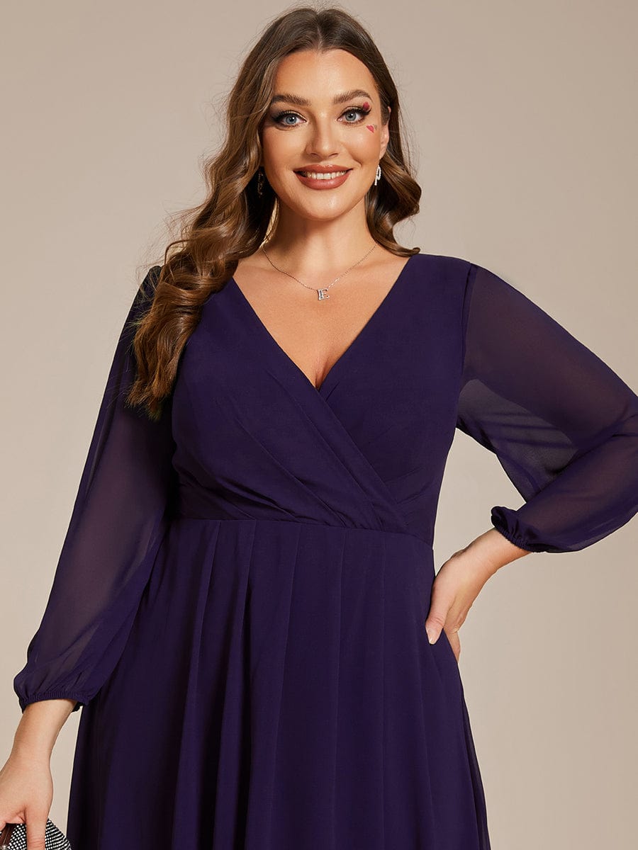 Plus Size Chiffon A-Line Long Sleeves Asymmetrical Hem Wedding Guest Dress #color_Dark Purple Plus Size Chiffon A-Line Long Sleeves Asymmetrical Hem Wedding Guest Dress #color_Dark Purple