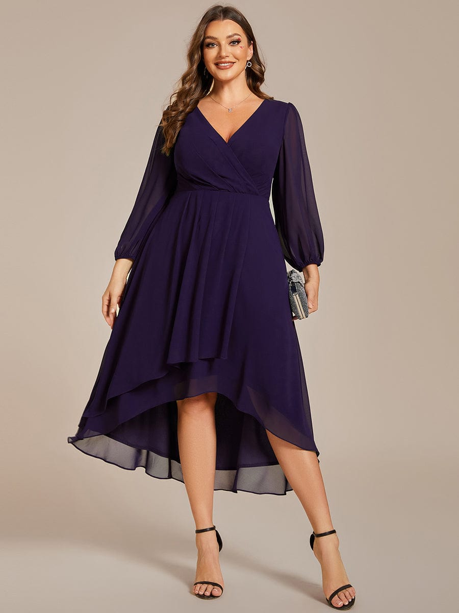 Plus Size Chiffon A-Line Long Sleeves Asymmetrical Hem Wedding Guest Dress #color_Dark Purple Plus Size Chiffon A-Line Long Sleeves Asymmetrical Hem Wedding Guest Dress #color_Dark Purple
