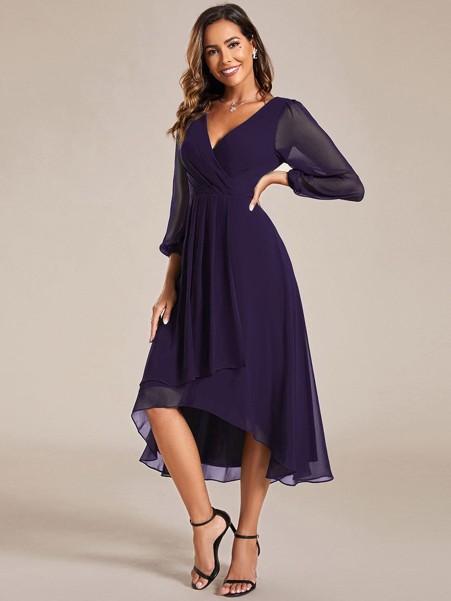 Long Sleeves Asymmetrical Hem A-Line Midi Wedding Guest Dress #color_Dark Purple Long Sleeves Asymmetrical Hem A-Line Midi Wedding Guest Dress #color_Dark Purple