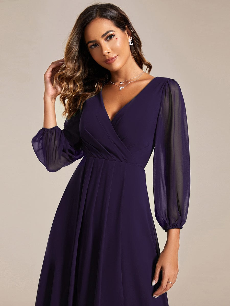 Long Sleeves Asymmetrical Hem A-Line Midi Wedding Guest Dress #color_Dark Purple Long Sleeves Asymmetrical Hem A-Line Midi Wedding Guest Dress #color_Dark Purple