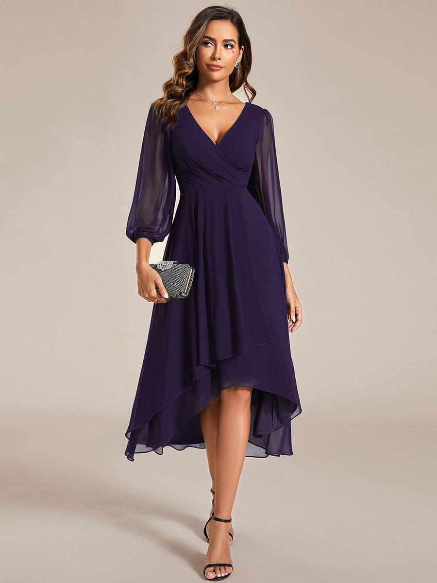 Long Sleeves Asymmetrical Hem A-Line Midi Wedding Guest Dress #color_Dark Purple Long Sleeves Asymmetrical Hem A-Line Midi Wedding Guest Dress #color_Dark Purple