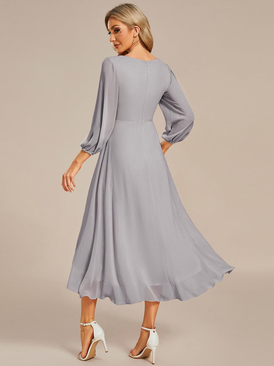 Long Sleeves Asymmetrical Hem A-Line Midi Wedding Guest Dress #color_Grey Long Sleeves Asymmetrical Hem A-Line Midi Wedding Guest Dress #color_Grey