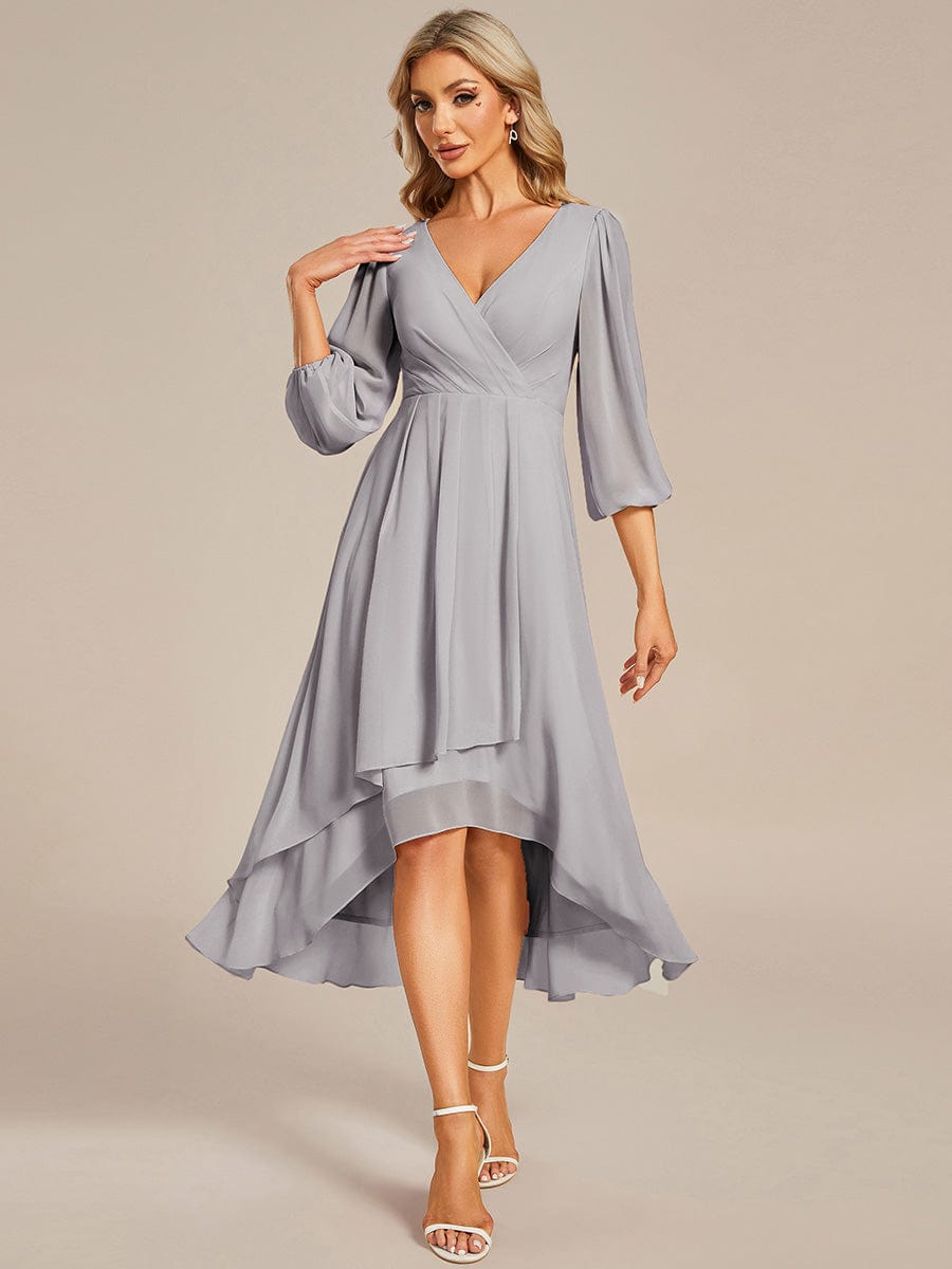 Long Sleeves Asymmetrical Hem A-Line Midi Wedding Guest Dress #color_Grey Long Sleeves Asymmetrical Hem A-Line Midi Wedding Guest Dress #color_Grey