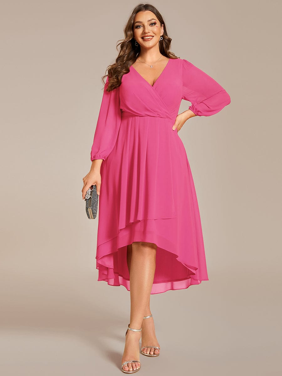 Plus Size Chiffon A-Line Long Sleeves Asymmetrical Hem Wedding Guest Dress #color_Hot Pink Plus Size Chiffon A-Line Long Sleeves Asymmetrical Hem Wedding Guest Dress #color_Hot Pink
