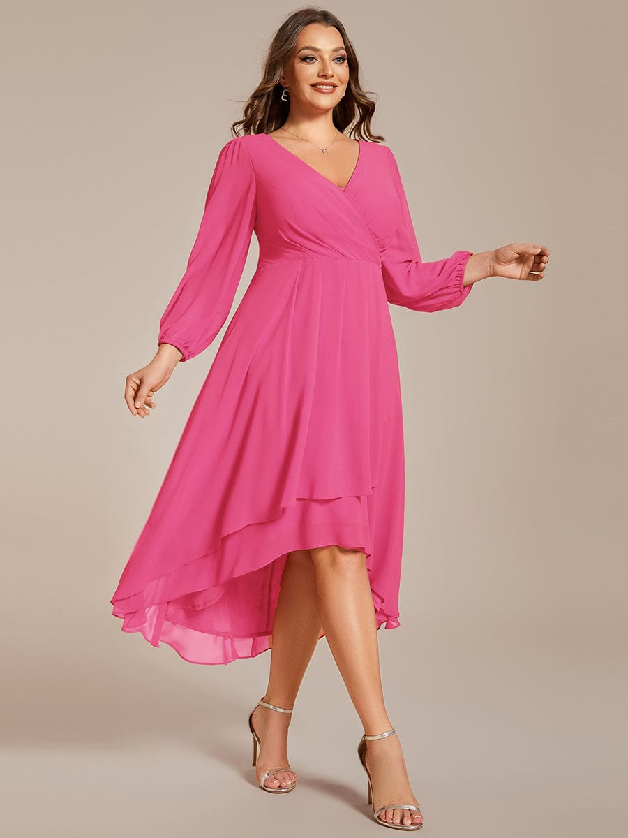 Plus Size Chiffon A-Line Long Sleeves Asymmetrical Hem Wedding Guest Dress #color_Hot Pink Plus Size Chiffon A-Line Long Sleeves Asymmetrical Hem Wedding Guest Dress #color_Hot Pink