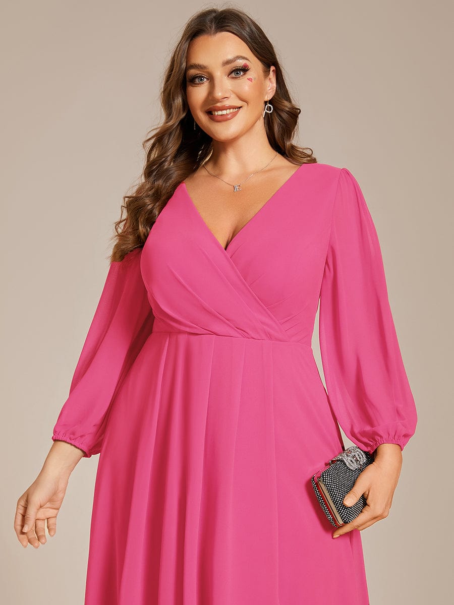 Plus Size Chiffon A-Line Long Sleeves Asymmetrical Hem Wedding Guest Dress #color_Hot Pink Plus Size Chiffon A-Line Long Sleeves Asymmetrical Hem Wedding Guest Dress #color_Hot Pink