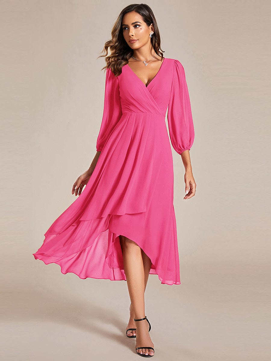Long Sleeves Asymmetrical Hem A-Line Midi Wedding Guest Dress #color_Hot Pink Long Sleeves Asymmetrical Hem A-Line Midi Wedding Guest Dress #color_Hot Pink