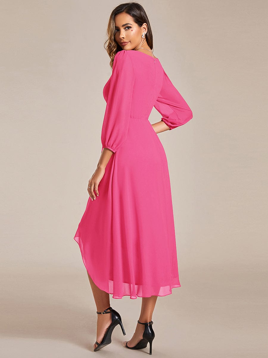 Long Sleeves Asymmetrical Hem A-Line Midi Wedding Guest Dress #color_Hot Pink Long Sleeves Asymmetrical Hem A-Line Midi Wedding Guest Dress #color_Hot Pink