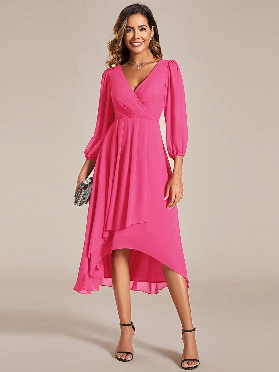 Long Sleeves Asymmetrical Hem A-Line Midi Wedding Guest Dress #color_Hot Pink Long Sleeves Asymmetrical Hem A-Line Midi Wedding Guest Dress #color_Hot Pink