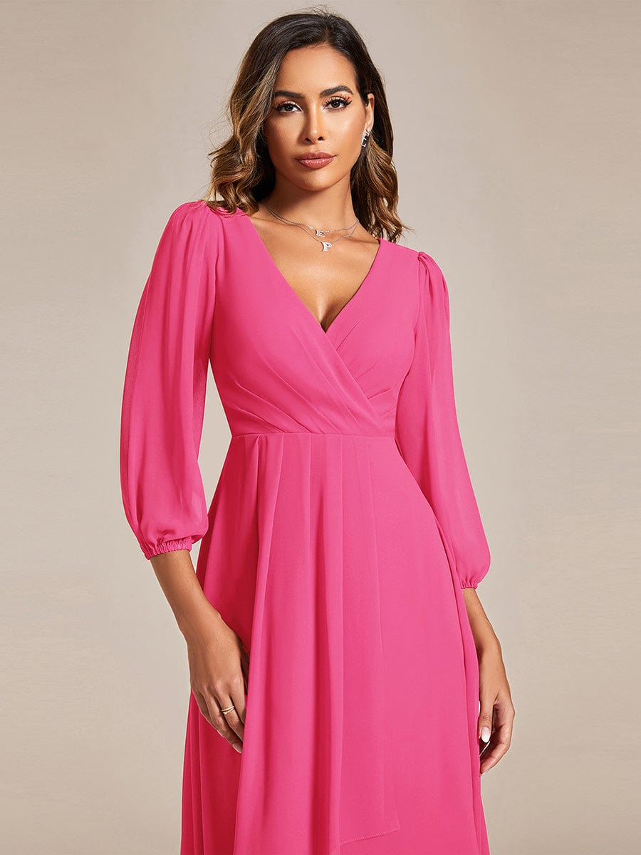 Long Sleeves Asymmetrical Hem A-Line Midi Wedding Guest Dress #color_Hot Pink Long Sleeves Asymmetrical Hem A-Line Midi Wedding Guest Dress #color_Hot Pink