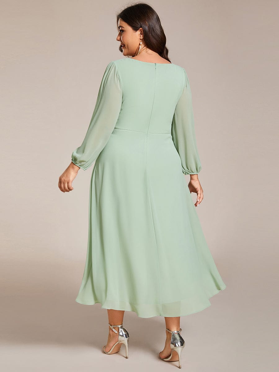 Plus Size Chiffon A-Line Long Sleeves Asymmetrical Hem Wedding Guest Dress #color_Mint Green Plus Size Chiffon A-Line Long Sleeves Asymmetrical Hem Wedding Guest Dress #color_Mint Green