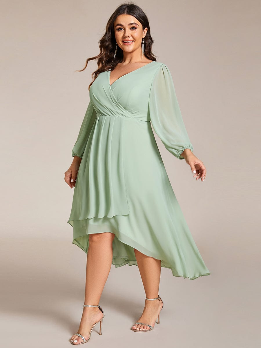 Plus Size Chiffon A-Line Long Sleeves Asymmetrical Hem Wedding Guest Dress #color_Mint Green Plus Size Chiffon A-Line Long Sleeves Asymmetrical Hem Wedding Guest Dress #color_Mint Green