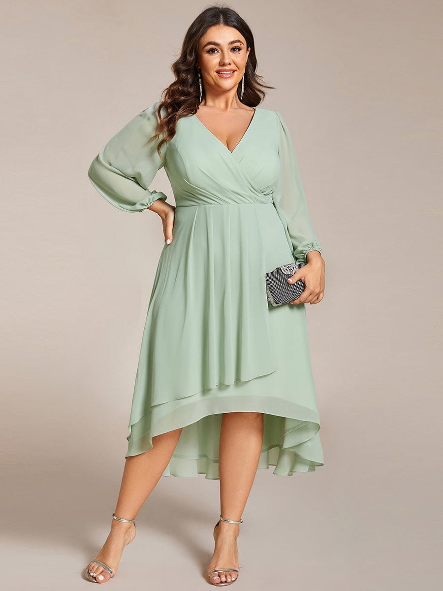 Plus Size Chiffon A-Line Long Sleeves Asymmetrical Hem Wedding Guest Dress #color_Mint Green Plus Size Chiffon A-Line Long Sleeves Asymmetrical Hem Wedding Guest Dress #color_Mint Green