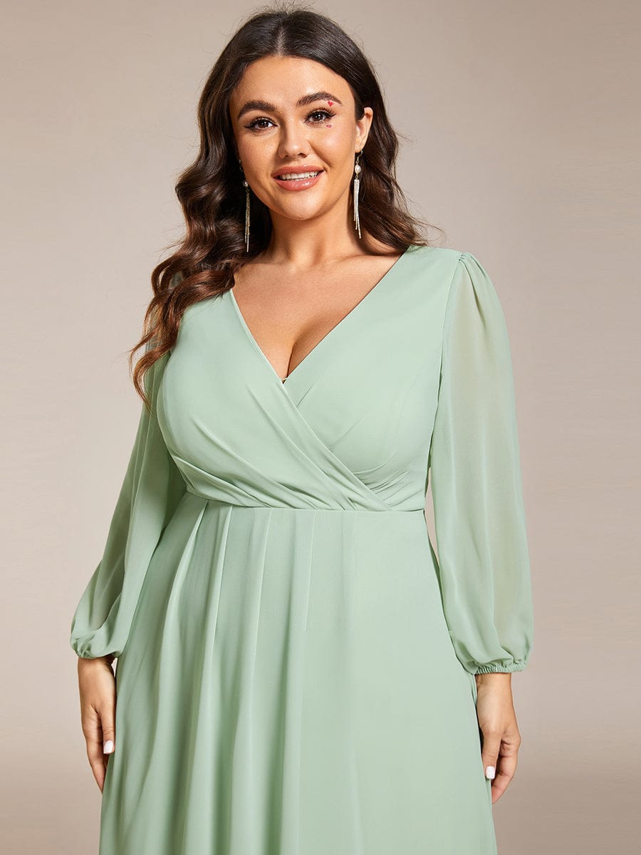 Long Sleeves Asymmetrical Hem A-Line Midi Wedding Guest Dress #color_Mint Green Long Sleeves Asymmetrical Hem A-Line Midi Wedding Guest Dress #color_Mint Green